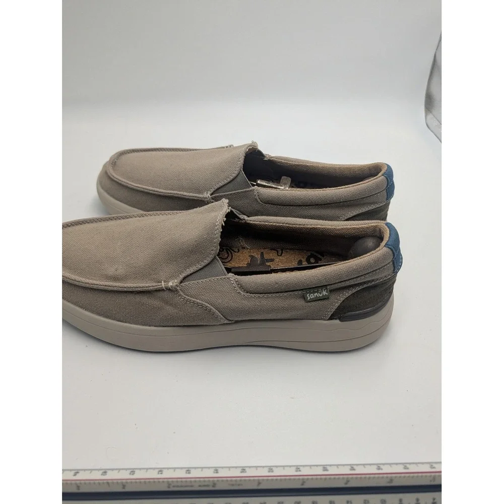 Sanuk Mens Canvas Slip On Loafers Tan Brown Moc Toe Casual Shoes Size 10